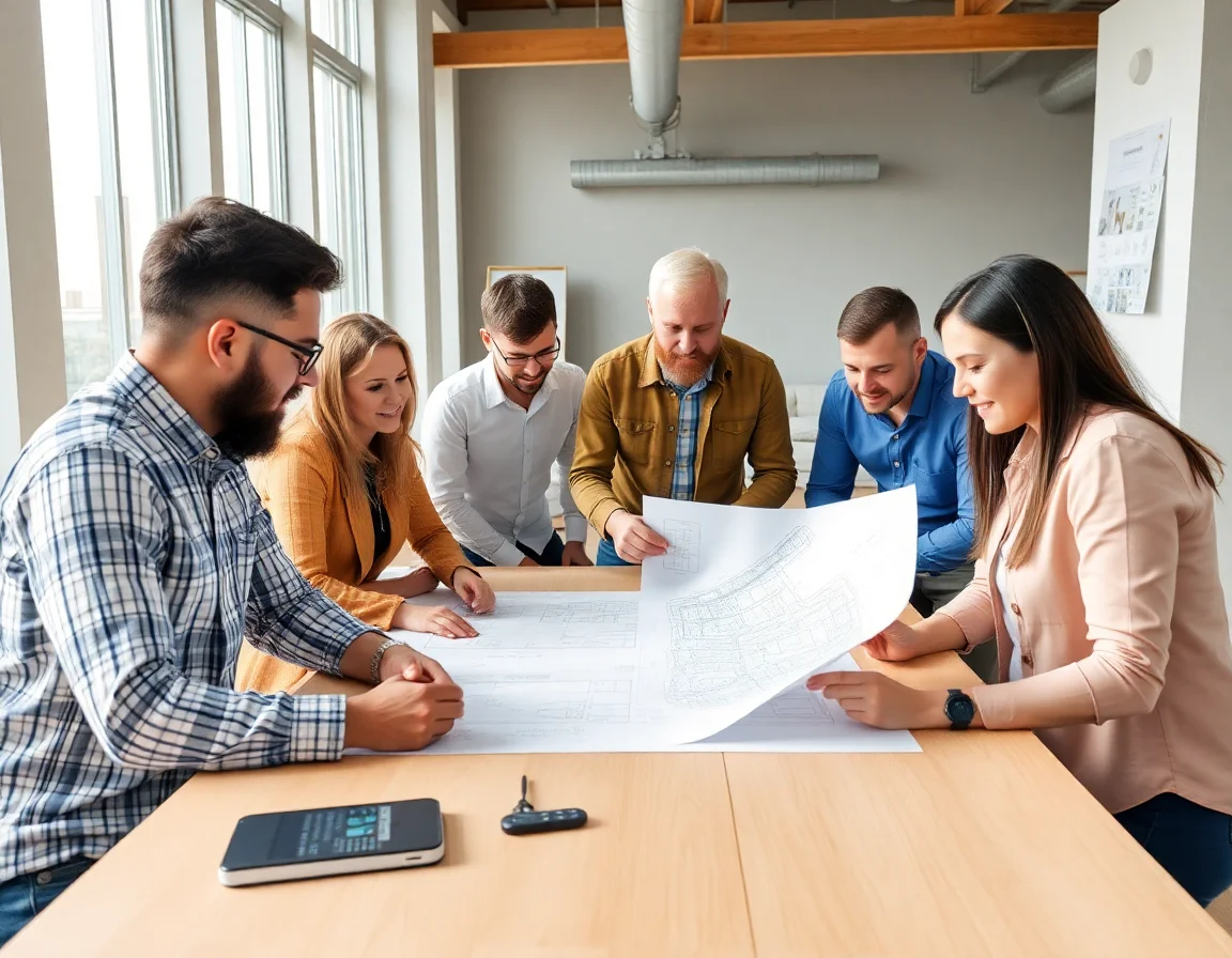 A diverse team of engineers and architects collaborating around a table with blueprints.