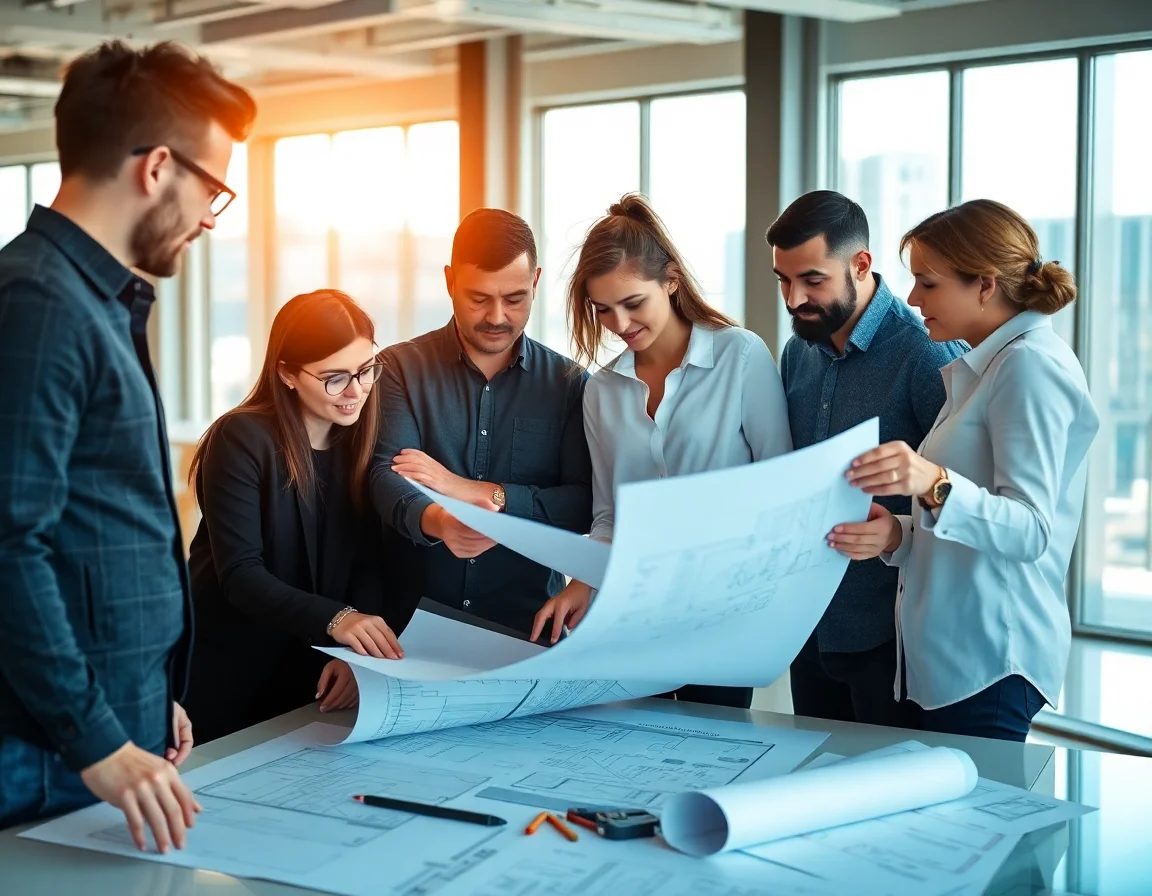 A diverse team of engineers and architects collaborating over blueprints in a modern office.