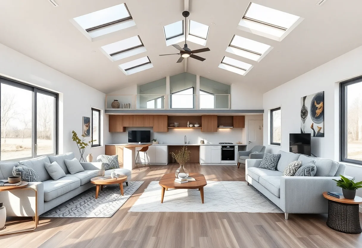 A modern modular home with a spacious and bright interior, showcasing comfortable living.