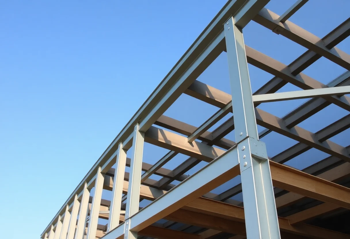Close-up of a sturdy steel frame structure of a modular building under construction.