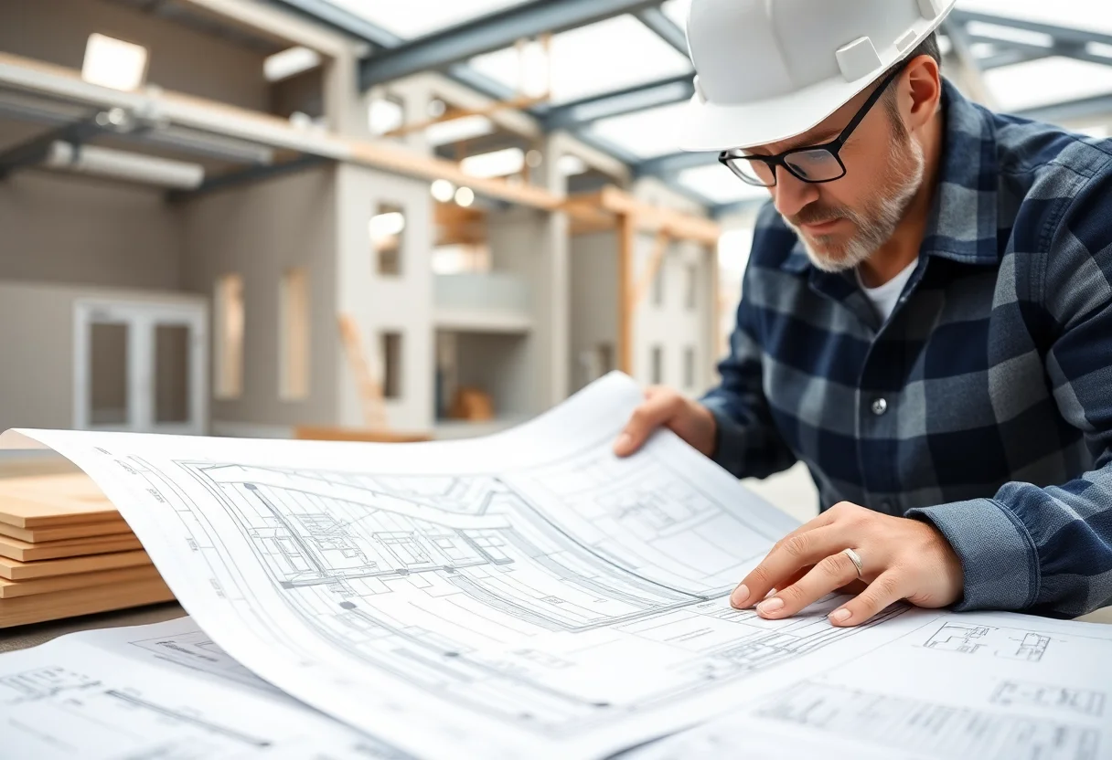 Close-up of an architect reviewing blueprints for a modular construction project.