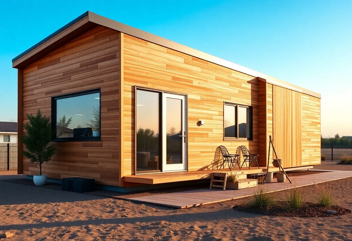 Compact and modern single-story modular home with a wooden facade.
