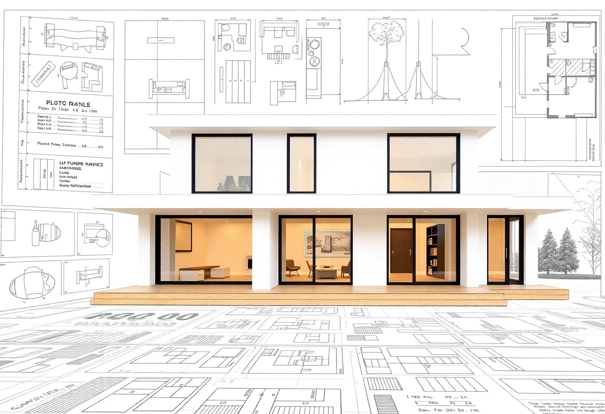 Detailed architectural blueprint of a modern modular house with engineering calculations