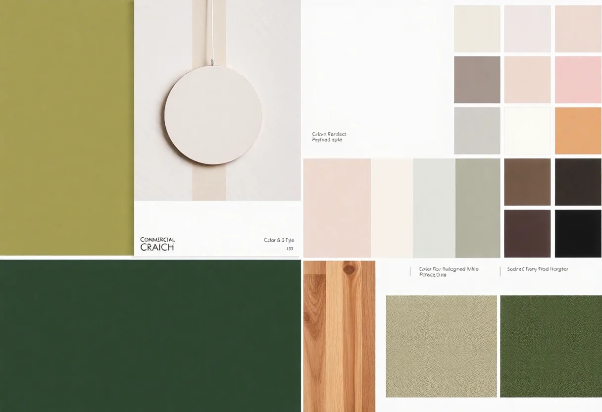 Interior design mood board with color swatches and material samples