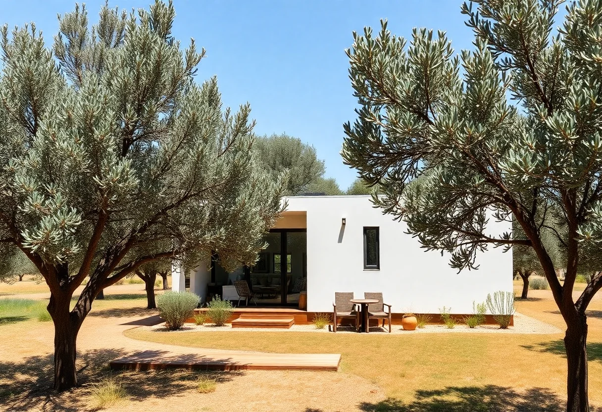 Modern modular home nestled among olive trees in a sunny rural area.