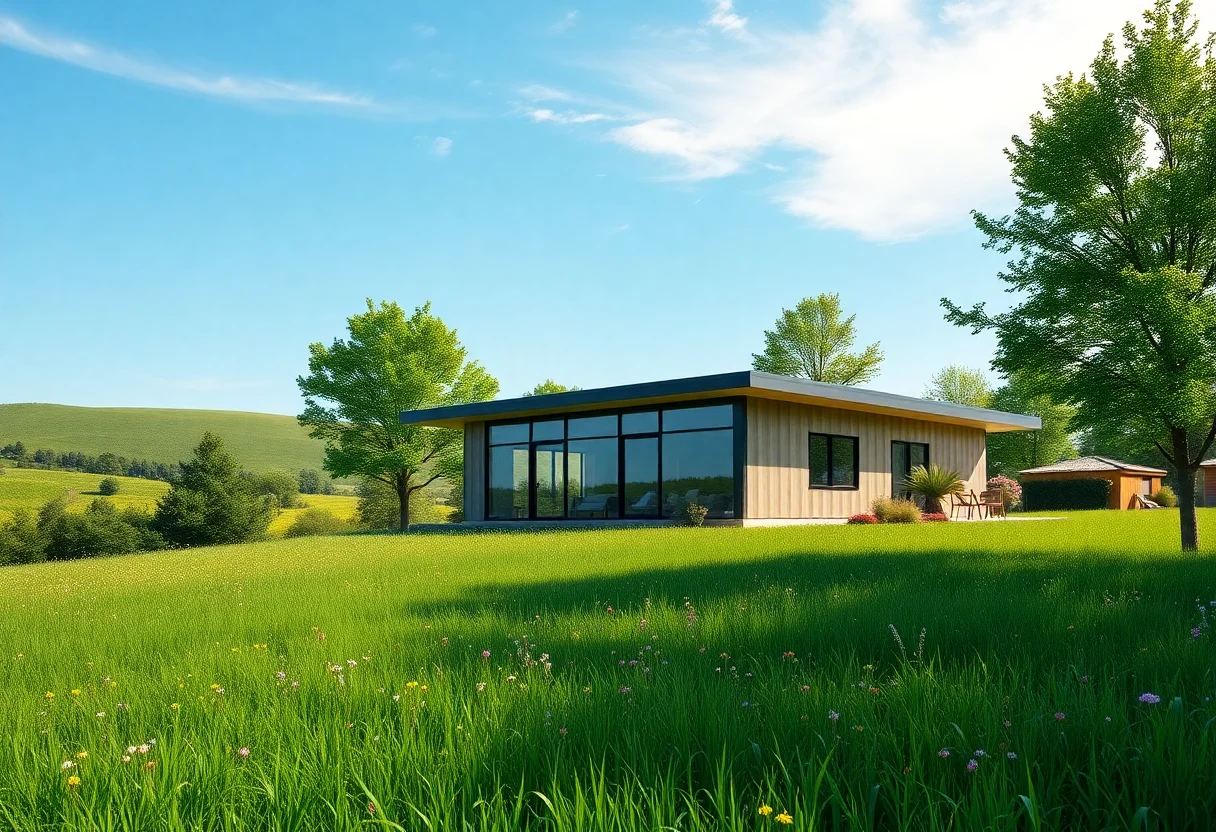 Modern modular home nestled in a lush green rural landscape under a clear blue sky.