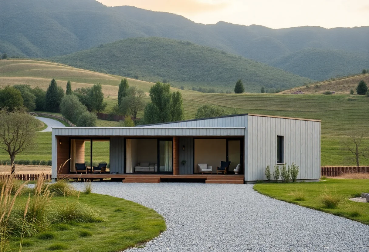 Modern modular home nestled in a serene rural landscape in Turkey.