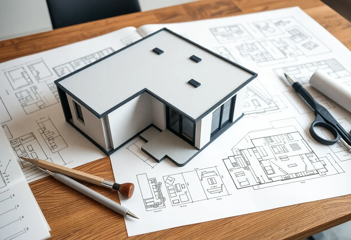 Modern modular house plans on a wooden table with drafting tools.