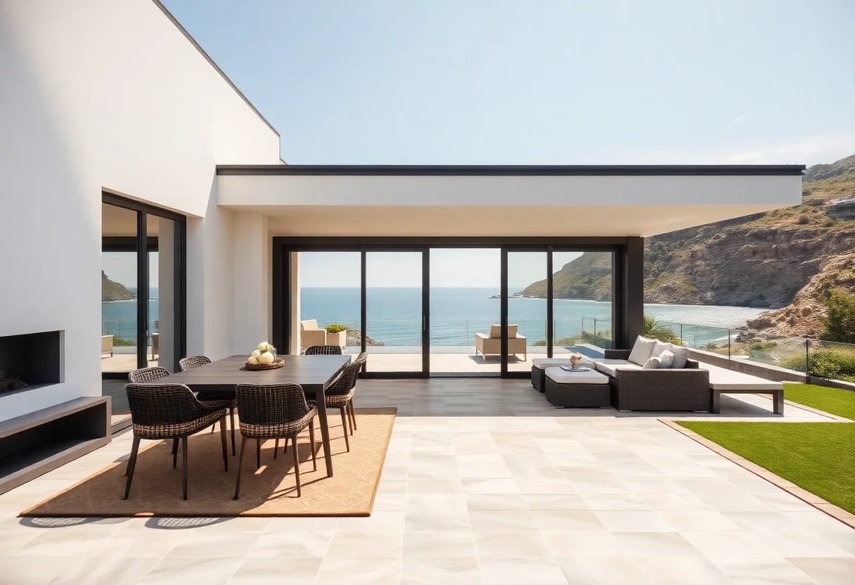 Modern modular villa with a large patio overlooking a sunny coastal landscape.