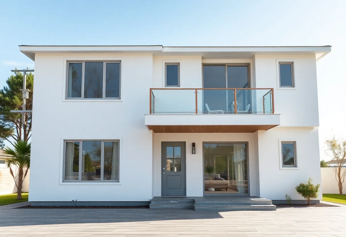 Spacious two-story modular family home with large windows and a clean, white exterior.