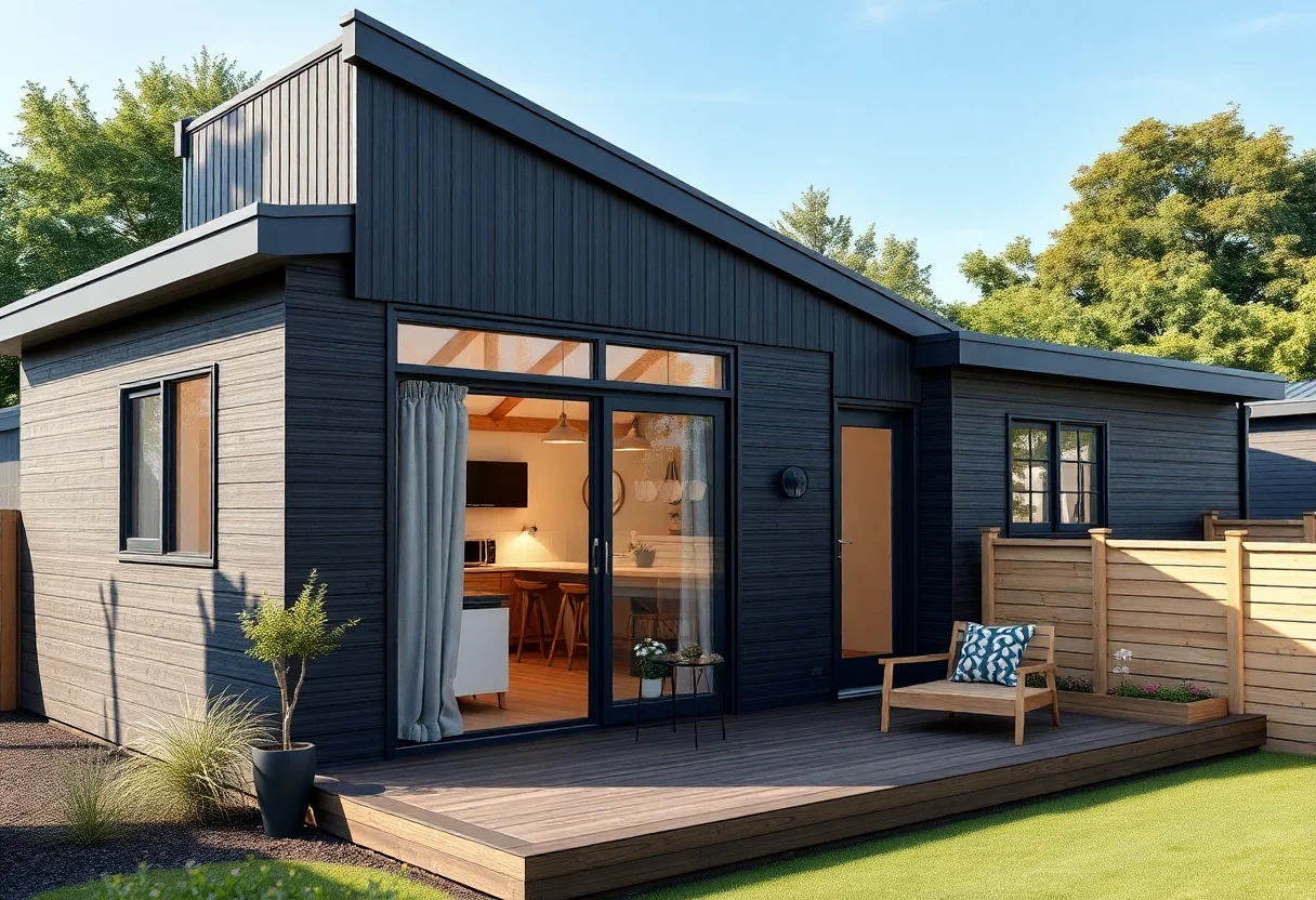 Stylish modular home with a mix of dark and light materials, featuring a cozy patio area.