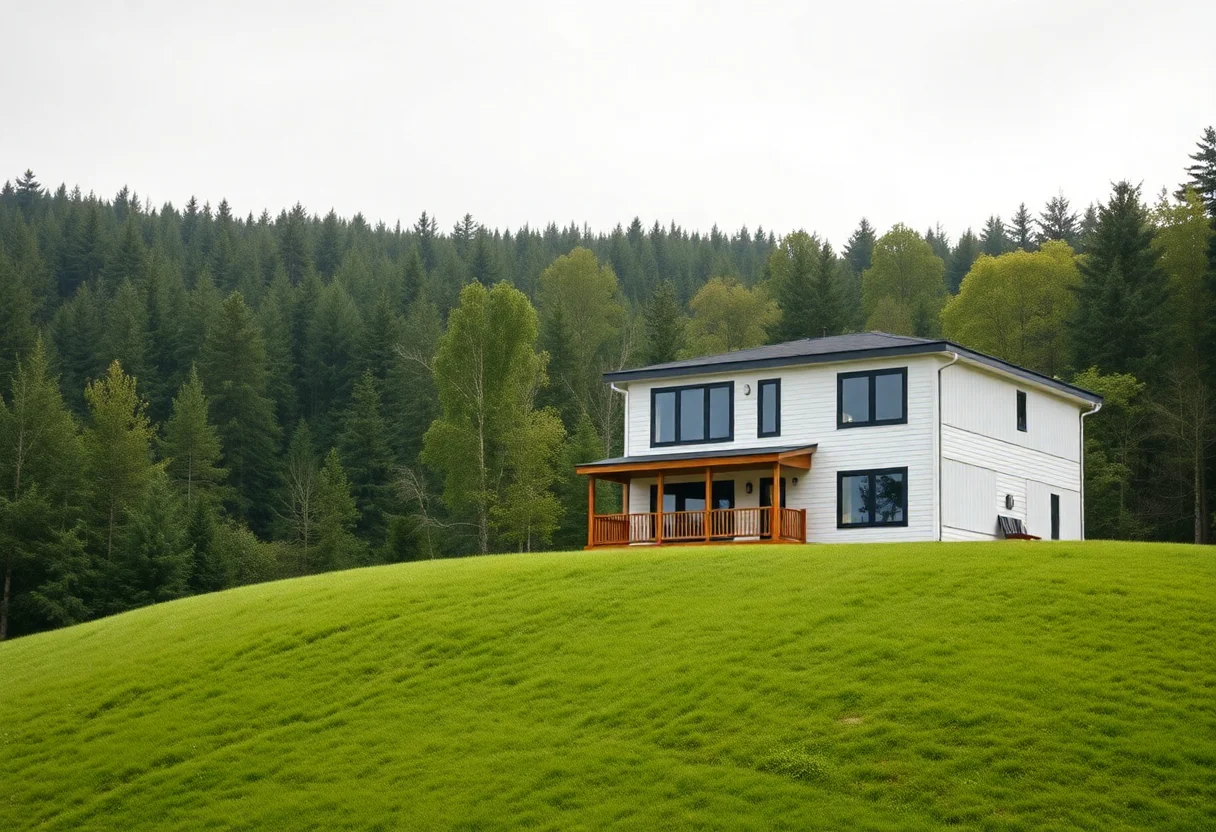 Two-story modular house on a lush green hillside with forest in the background.